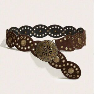 Brown Grommet Concho Belt with Ornate Brass Floral Buckle